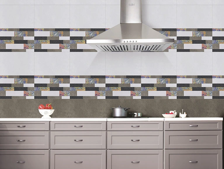 Simple kitchen design with artistic patterned tiles combined with white cabinets